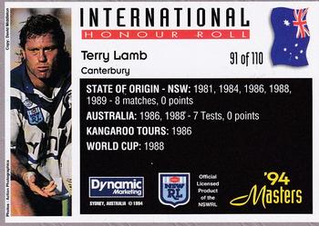 1994 Dynamic NSW Rugby League '94 Masters #91 Terry Lamb Back